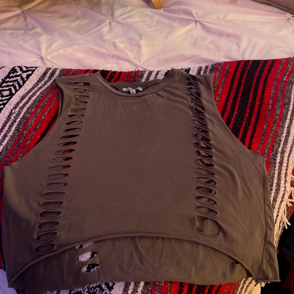 Fairy style olive green crop tank with slits on front & back